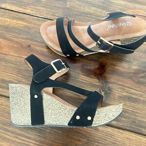 Black Wedge Sandals with Glitter Platform